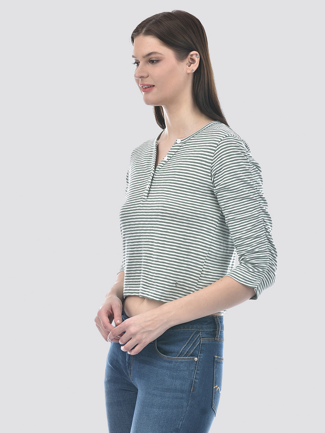 Numero Uno Women Green & White Striped Henley T-Shirt